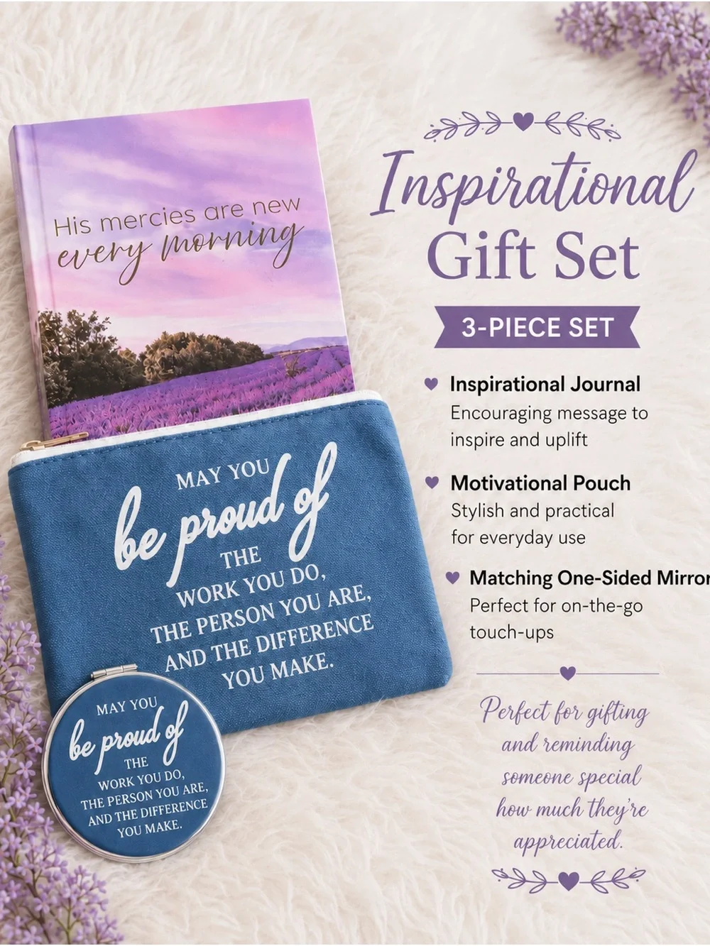 Inspirational Gift Set - Lavender Journal & Blue Motivational Pouch& Mirror